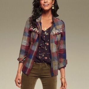 Cabi Collage Jacket Pearls Autumn Plaid Fall‎ Multi-Colored Women Medium 3555